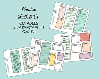 May include: Printable Bible study prompts with colorful backgrounds and lines for writing. The prompts include "What and Who Taught Me", "Text Reflection", "How I Can", "What I Learned", "Emotions I Have", "What I Will Do", "Things I'm Thankful For", "Faith Walk", "Bible Study Verses", "New To Me", "Things That Comfort Me", "Things That Challenge Me", and "Things That Encourage Me".