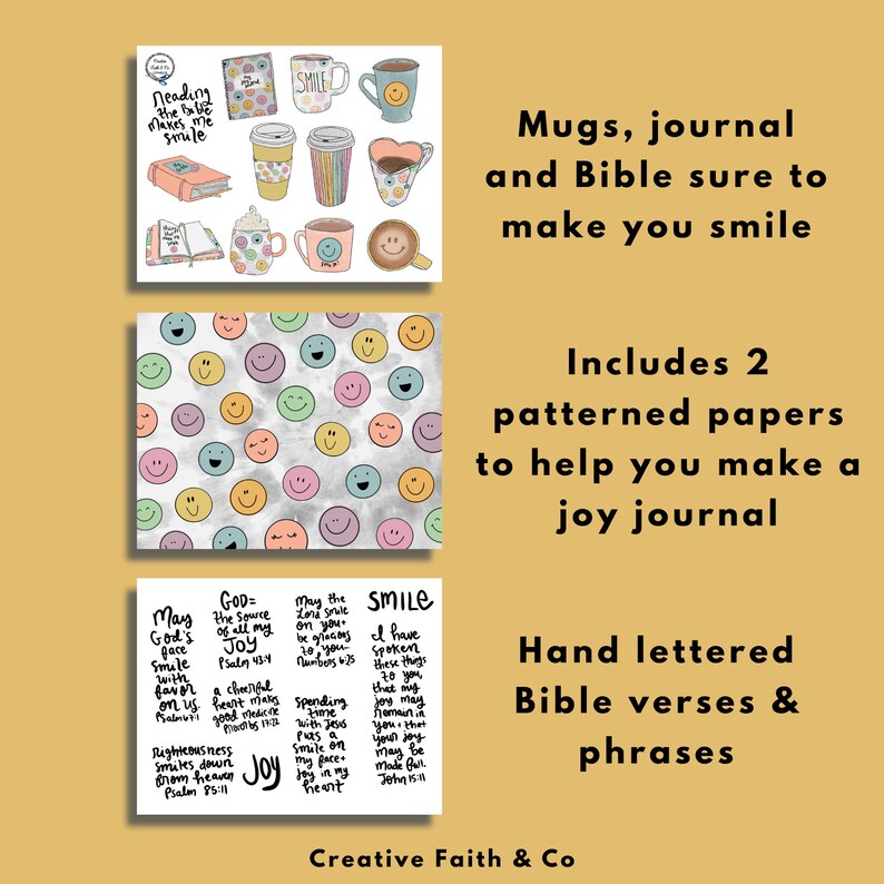 May include: A collection of mugs, a journal, and Bible verses with the text "Reading the Bible makes me smile" and "Mugs, journal and Bible sure to make you smile." Includes patterned papers and hand-lettered Bible verses and phrases.