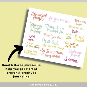 May include: A white card with colourful handwritten phrases for prayer and gratitude journaling. The phrases include "Answered Prayers", "Forgive me for", "Today I am thankful for", "Thank you for", "Dear God", "You are good because", "In Jesus' Name I pray, amen", "Help me with", "Guide me in", "Date", "Bless my friend", "Prayer Journal", "Thy will be done in", "Gratitude Journal", "I confess...", "Wow God", "I lift to you today", "Today was hard because".