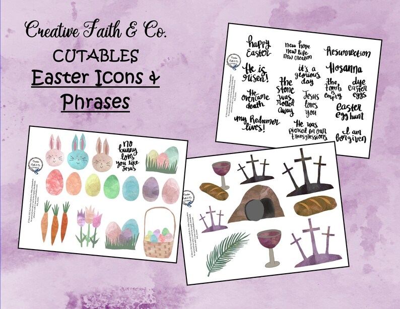 May include: Printable Easter cutouts with watercolor illustrations of bunnies, eggs, crosses, and a tomb. The phrases "Happy Easter", "He is risen", "No bunny loves you like Jesus", "Resurrection", "Hosanna", "The stone was rolled away", "Jesus loves you", "He was pierced for our transgressions", "I am forgiven", and "Easter egg hunt" are included.