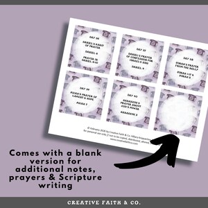 May include: A white paper with six circular graphics, each containing text about prayer from the Bible. The paper has a purple background with telephone illustrations. Text on the paper includes "Daniel's Habit of Prayer" and "Jonah's Prayer From the Belly."