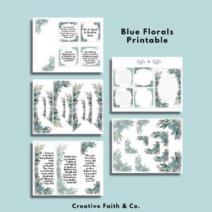 Pode incluir: Marcadores de p&aacute;gina florais azuis imprim&iacute;veis com vers&iacute;culos b&iacute;blicos inspiradores. Os marcadores apresentam um design de aquarela com elementos florais azuis e verdes. Os vers&iacute;culos incluem "Tis So Sweet to Trust in Jesus", "Trust in the Lord with all your heart", "Behold God is my helper", e "There is no name will prevail till you trust in Him".