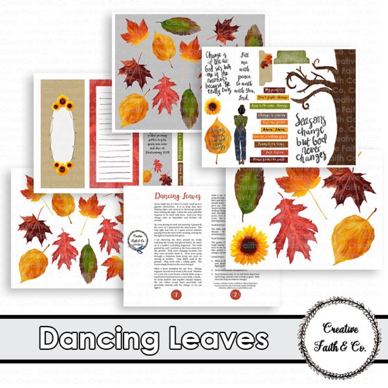 Puede incluir: Una descarga digital imprimible para un proyecto de manualidades de oto&ntilde;o. La imagen muestra una p&aacute;gina con el t&iacute;tulo "Dancing Leaves" y una cita sobre el cambio y la naturaleza inmutable de Dios. Tambi&eacute;n hay im&aacute;genes de hojas coloridas y girasoles.