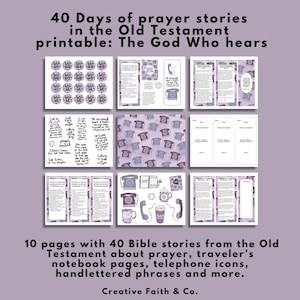 May include: A printable set titled "40 Days of prayer stories in the Old Testament." The design features pages with Bible stories, telephone icons, and hand-lettered phrases. The color scheme includes purple and white.