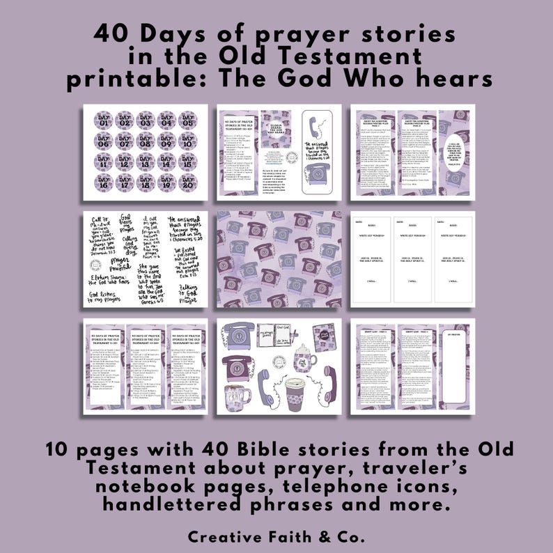 May include: A printable set titled "40 Days of prayer stories in the Old Testament." The design features pages with Bible stories, telephone icons, and hand-lettered phrases. The color scheme includes purple and white.