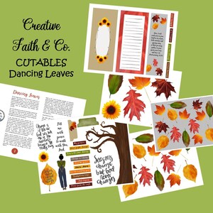Puede incluir: Un conjunto de recortes digitales imprimibles con hojas de oto&ntilde;o en varios tonos de rojo, naranja, amarillo y verde. El conjunto tambi&eacute;n incluye un girasol, una rama de &aacute;rbol y una cita sobre el cambio. El texto "Dancing Leaves" est&aacute; en la parte superior de la p&aacute;gina.