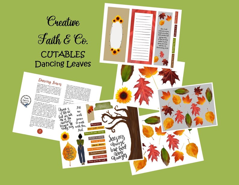 Puede incluir: Un conjunto de recortes digitales imprimibles con hojas de oto&ntilde;o en varios tonos de rojo, naranja, amarillo y verde. El conjunto tambi&eacute;n incluye un girasol, una rama de &aacute;rbol y una cita sobre el cambio. El texto "Dancing Leaves" est&aacute; en la parte superior de la p&aacute;gina.
