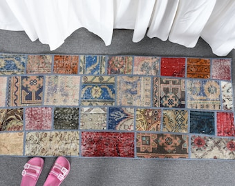 Patchwork Rug Vintage Small Turkish Anatolian Rugs For Entry 2x4.5 ft Blue Oriental Handwoven Bathroom Wool Bohemian Office Boho Eclectic