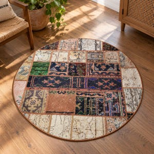 Alfombra Isparta vintage, alfombra circular de patchwork de lana, marrón y azul, 97,5 x 97,5 m, alfombra de patchwork, acento turco para la habitación