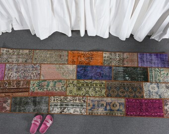 Vintage Rug Turkish Runner Rugs Patchwork Anatolian For Corridor 2.6x7.1 ft Orange Home Decor Floor Aztec Kitchen Office Farmhouse Decor