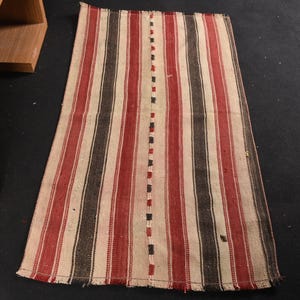 Vintage Turkish Kilim Rug, Striped Handwoven Rug, 3x5ft Area Rug, Red and Beige Wool Rug, Bohemian Decor Rug