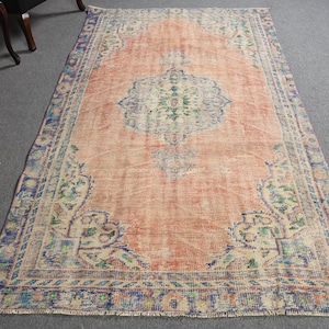 Turkish Rug, 5x8 ft Area Rug, Vintage Rug, Faded Rug, Oushak Rugs, Rugs for Living Room, Peach Home Decor Rug, Vintage Area Rug