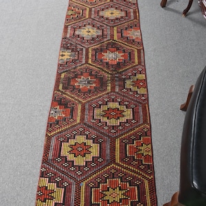 Embroidered Runner Kilim, Turkish Kilim, Vintage Anatolian Kilim, Rugs For Corridor, 2x9.5 ft Purple Kilim, Authentic Vintage Turkish Kilim,