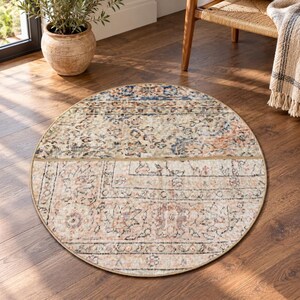 Wool Patchwork Round Entryway Rug, Isparta Carpet, Patchwork Carpet, 2.5 x 2.9 ft, Beige and Brown Carpet, Vintage Turkish