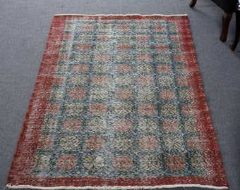 Turkish Rug Area Rugs Vintage Anatolian For Entry 3.8x6.8 ft Red Colorful Decorative Wool Flower Design Oushak Oriental Eclectic Ethnic