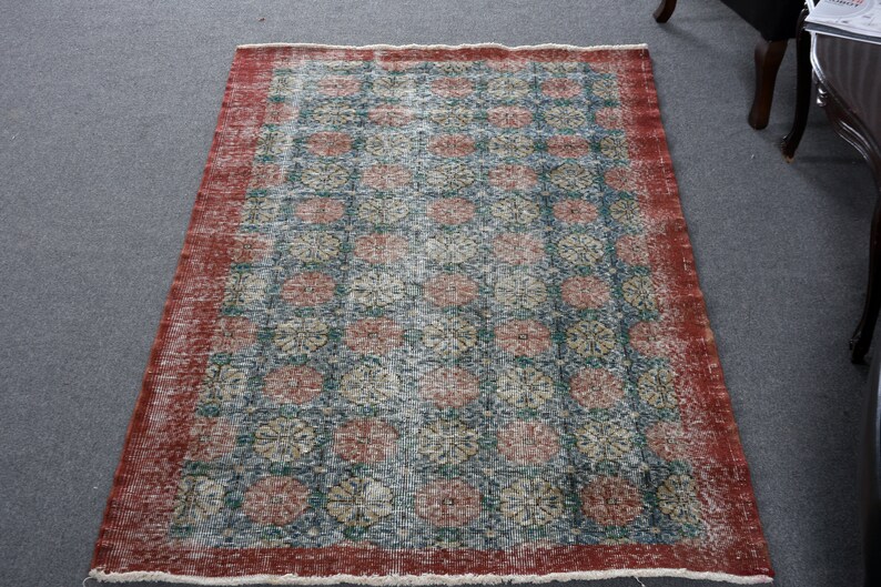 Turkish Rug Area Rugs Vintage Anatolian For Entry 3.8x6.8 ft Red Colorful Decorative Wool Flower Design Oushak Oriental Eclectic Ethnic image 1