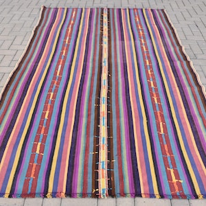 Vintage gestreept Turks kelimtapijt, kleurrijk handgemaakt tapijt, boho-stijl 6 x 9 ft, decor veelkleurig etnisch patroon