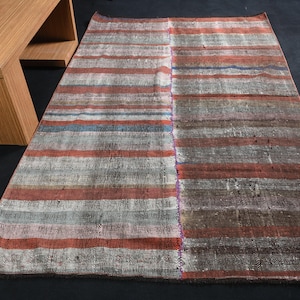 Vintage Turkse kelim, groot wollen tapijt, handgemaakt gestreept tapijt, 5 x 8 ft, boho-woonkamerdecor, unieke vloermat, kleurrijk vloerkleed