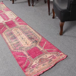 Vintage Turkish Runner Rug, Pink Anatolian Design, 2x11ft, Unique Geometric Pattern, Handwoven Wool Carpet, Bohemian Hallway Decor
