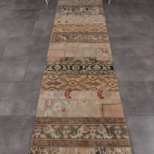 Beige and Brown Vintage Turkish Rug, Low Pile Rug, Patchwork Kitchen Runner, 2.6 x 9.6 ft, Hand Knotted Anatolian Hallway Carpet