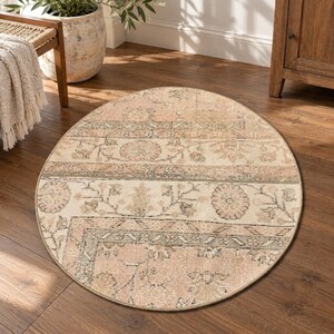 Floral Oushak Multicolor Round Entryway Rug, 2.5 x 3 ft, Beige Rug, Vintage Turkish Patchwork Accent Rug, Small