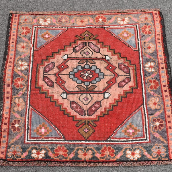 Small Carpet, Vintage Rug, Turkish Rug, Oushak Rug, 28x27 inches Red Carpet, Bohemian Door Mat Carpet, Gift Rugs,  11510