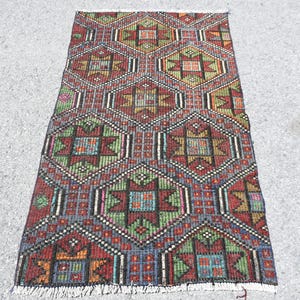 Turkish Kilim Rug, Vintage Anatolian Carpet, 88x149cm, 3x5ft, Tribal Handwoven Wool Rug, Geometric Pattern Rug, Bohemian Home Decor
