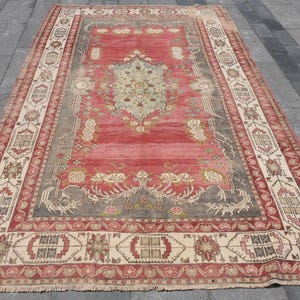 Vintage Turkish Rug, Oriental Area Carpet, Red and Beige Pattern, Handmade Wool, 6x9ft, Antique Floral Design
