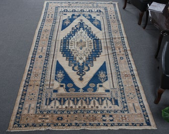 Turkish Rug Large Rugs Vintage Antique For Salon 4.8x10.4 ft Blue Anatolian Oriental Decor Floor Custom Natural Handwoven Bright Decorative