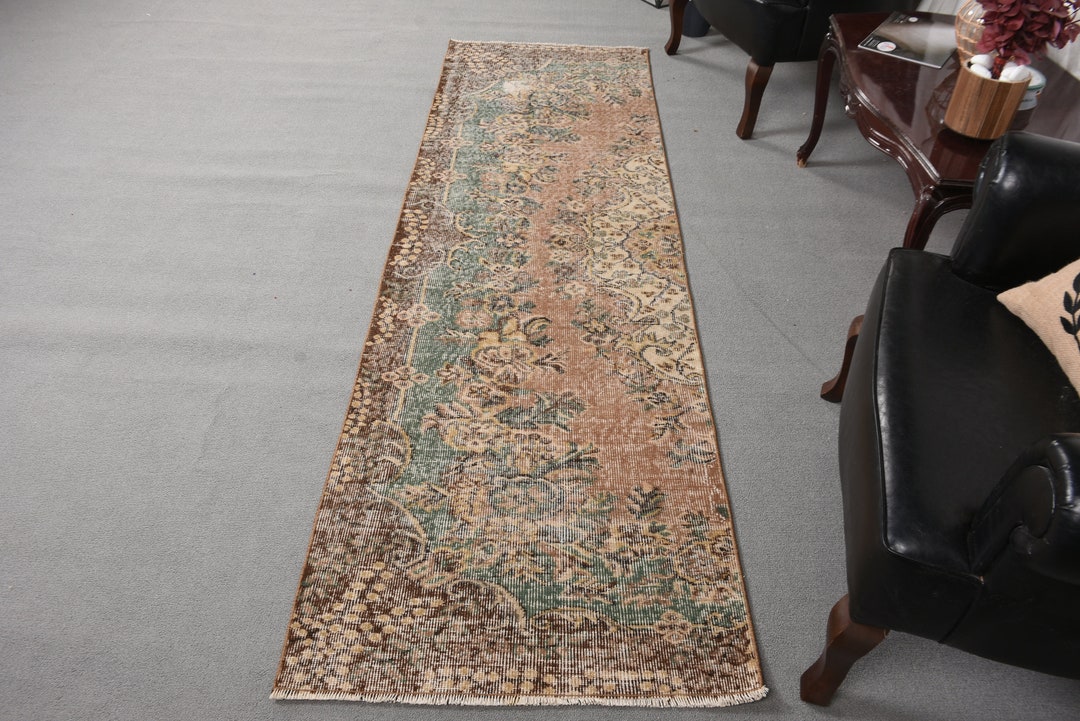 トルコラグ、3x9ランナーラグ、ヴィンテージラグ、色褪せたアナトリア