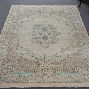 Vintage Rug Turkish Large Oushak Rugs For Living Room 6.2x9.4 ft Brown Anatolian Office Hand Woven Aztec Eclectic Pastel Bohemian Ethnic