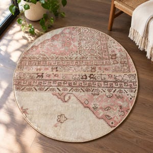 Beige-rosa Kulah-Teppich, farbenfroher Vintage-Rundteppich, Patchwork-Teppich, 76 x 88 cm, handgeknüpft aus türkischer Wolle, dekorativ