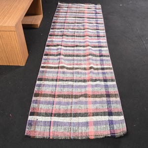 Turkish Plaid Runner, Vintage Kilim, Handmade Wool Rug, 2x6ft, Pastel Striped Design, Small Area Rug, Living Room Decor, Unique Home Textile