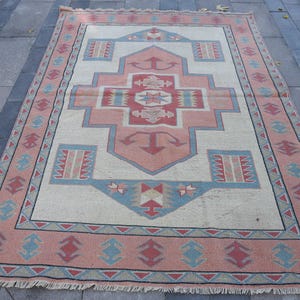 Handmade Turkish Rug, Geometric Pattern, Vintage Decor, Tribal Floor Rugs, Anatolian Carpet, 5x7 ft Area Rug, Pink and Blue Tones