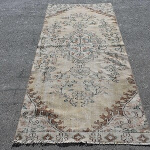 Vintage Turkish Runner Rug, 114x250cm, 4x8ft, Handmade Area Carpet, Traditional Home Decor, Beige Floral Pattern, Hallway or Entryway Rug