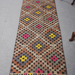 Turkisk vintagematta, 7,5 x 2,7 m löpmatta, brun kelimmatta i lapptäcke