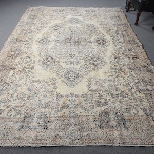 Vintage Turkish Oushak Rug 6.9x10.9 ft, Brown Oversize Patchwork Wool Rug