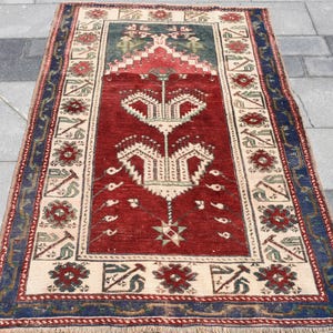 Vintage Turkish Accent Rug, Handmade Wool Carpet, Red and Cream Geometric Design, 4x5ft, Authentic Anatolian Decor, Floral and Star Pattern