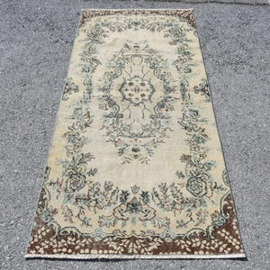 Vintage Oushak Runner, Turkish Hallway Rug, Beige and Brown Carpet, Bohemian Decor, 94x210cm, 3x7ft, Handmade Anatolian Floor Rug
