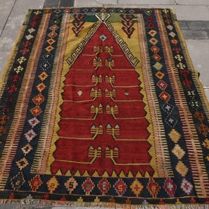 Vintage Turkish Kilim Rug, Bold Red and Multicolor Geometric Patterns, Handmade Area Carpet, 5x6ft, Unique Anatolian Woven Art Decor