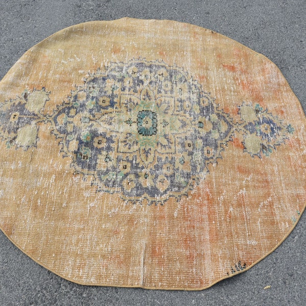 Turkish Rug, Round Rug, 4.8x4.9 feet, Oushak Rug, Circle Rug, Antique Rug, Vintage Rug, Area Rug, Oriental Rug, Muted Rug, Wool Rug, H- 6472