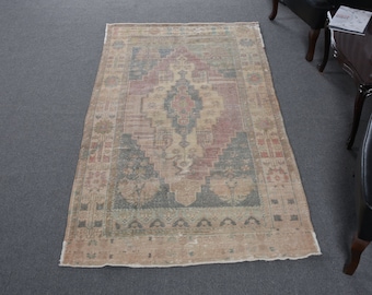 Vintage Rug Turkish Area Oushak Rugs For Living Room 3.9x7.9 ft Brown Anatolian Decor Oriental Vintage Bedroom Hand Woven Retro Floor