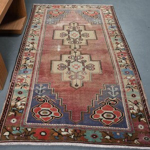 Turkish Vintage Rug, Traditional Anatolian Carpet, Red Tribal Design Rug, 4x7 ft, Bohemian Home Decor, Handmade Area Rugs, Indoor Use Rugs