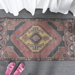Small Rugs Vintage Turkish Oushak For Entry 2.2x3.9 ft Red Door Mat Organic Distressed Designer Pale Pastel Handwoven Floor Turkey Bedroom