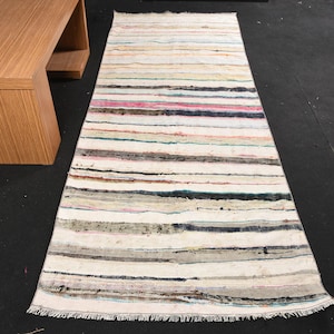 Vintage Rug, 3.6x9.4 ft Runner Turkish Rug, Kilim White Blue Solid Rug