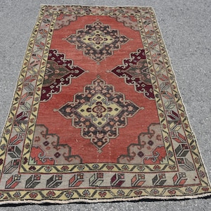 Vintage Turkish Area Rug, Traditional Patterns, Red and Beige, Handmade Wool Carpet, 4x7ft