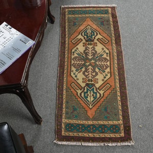 Turkish Rug, 1.4x3.6 ft Small Rug, Vintage Rug, Anatolian Rug, Rugs For Bathroom, Purple Floor Rug, Turkish Rug Small,  12362