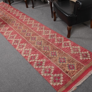 Herki Rug, Runner Rug, Vintage Rug, Turkish Rug, Antique Rugs, Rugs For Stair, 2.7x11.9 ft Pink Rug, Corridor Rug, Tribal Rug Runner, 13244