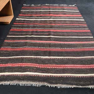 Vintage Turkish Kilim Rug, Handmade Wool Striped Carpet, 6x9ft, Brown Red Kilim, Living Room Decor, Large Area Rug, Rustic Style Mat