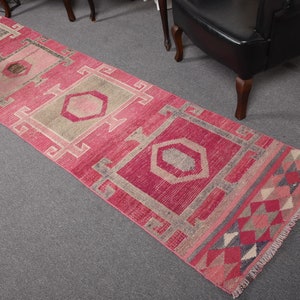 Herki Rug, Turkish Rug, Vintage Rug, Runner Rugs, Antique Rugs, Rugs For Kitchen, 2.7x11 ft Pink Rug, Corridor Rugs, Wool Rug Runner,  13250